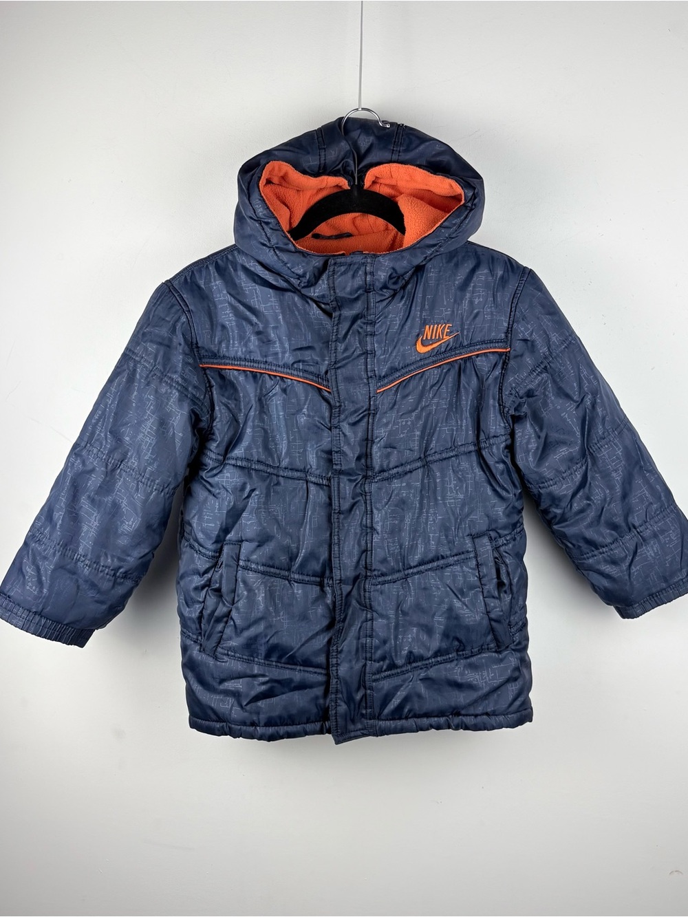 Nike Boys' Hooded Navy Puffer Winter Jacket Orange Fleece Lined Size 7 Warm Coat